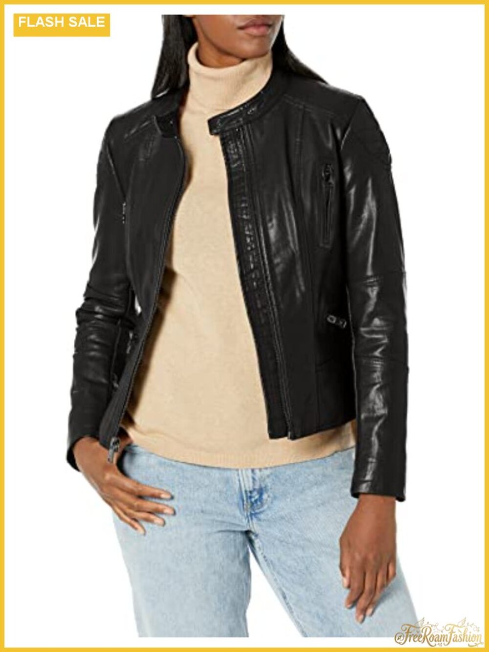 Classic Short Moto Faux Leather Jacket Long Sleeve Zip Band Collar
